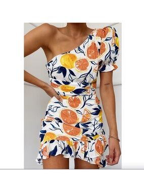 Seven Wonders Emily Mini Dress Citrus Print One Shoulder Women’s Size 10